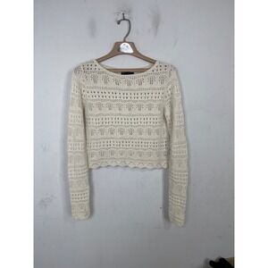 ASOS DESIGN Women Cream Pointelle Knit Cropped Sweater Scalloped Hem Small